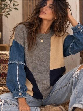 Lalavon Colorblock Sweater Denim Sleeve Mixed Media Pullover M